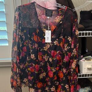 Johnny Was Floral Sheer Blouse - Black and Pink